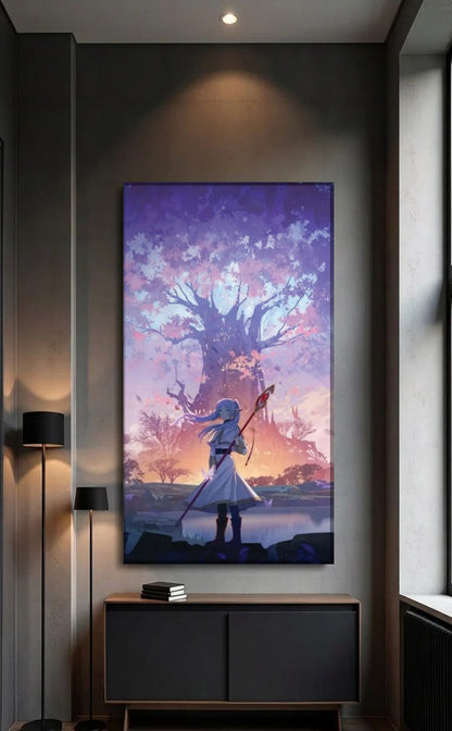 Anime Art acrylic wall art above a black console