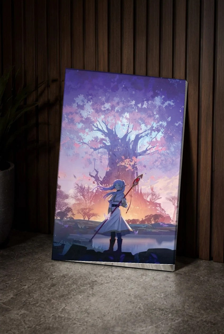 Anime Art acrylic wall art leaning on a wood slat wall