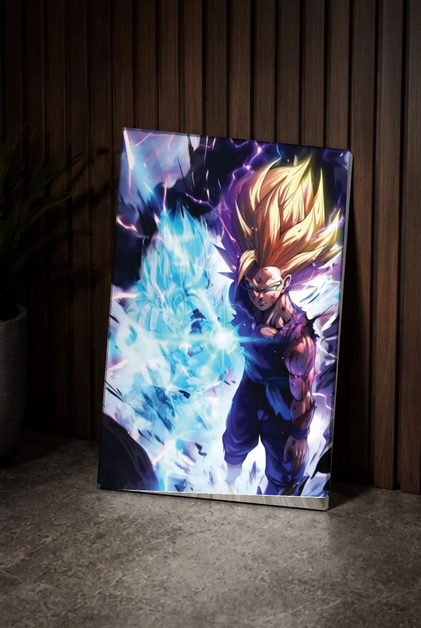Anime Art acrylic wall art leaning on a wood slat wall