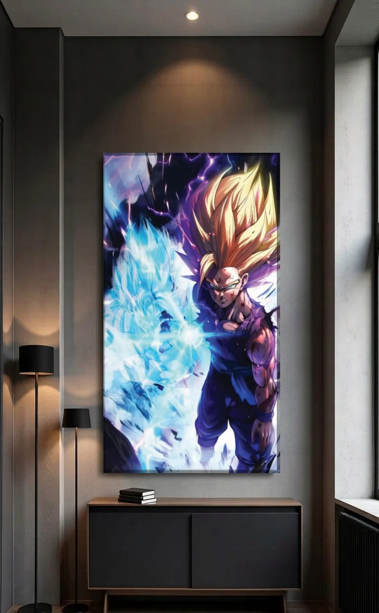 Anime Art acrylic wall art above a black console