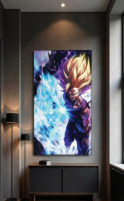Anime Art acrylic wall art above a black console