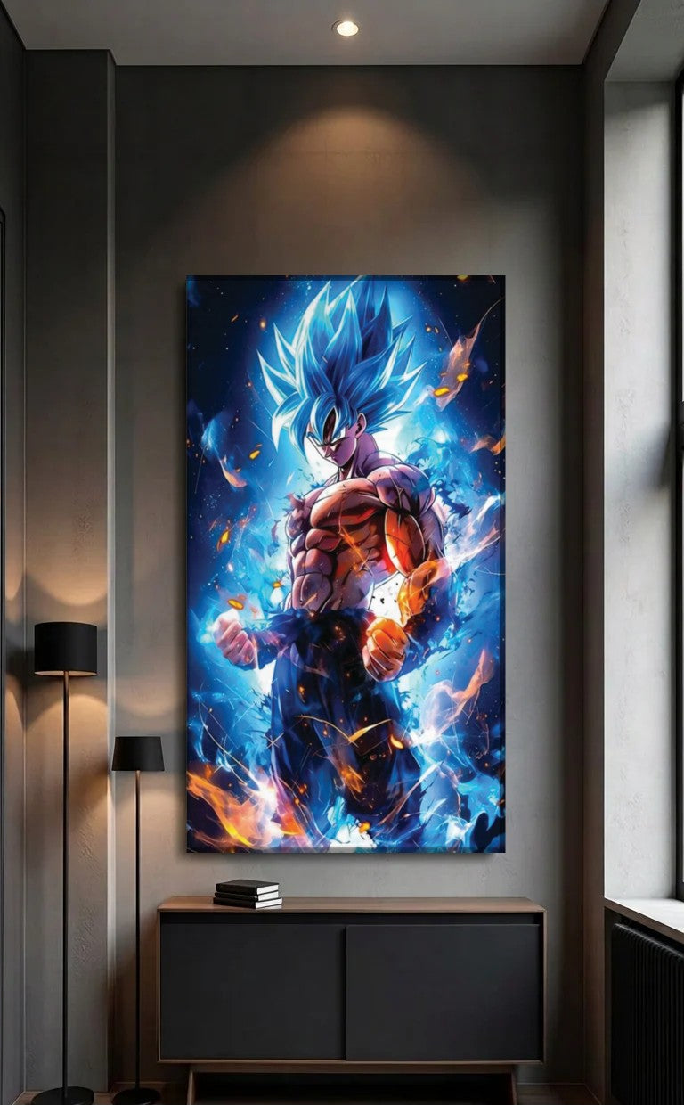 Anime Art acrylic wall art above a black console