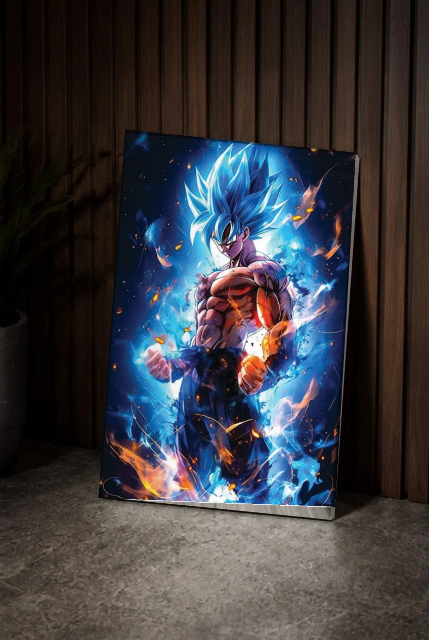 Anime Art acrylic wall art leaning on a wood slat wall