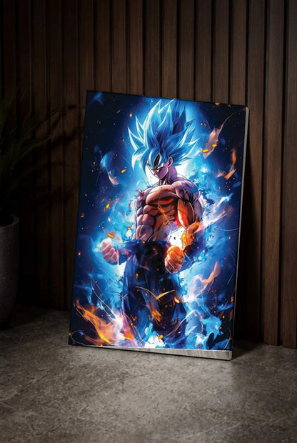 Anime Art acrylic wall art leaning on a wood slat wall