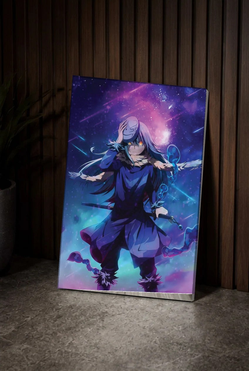 Anime Art acrylic wall art leaning on a wood slat wall