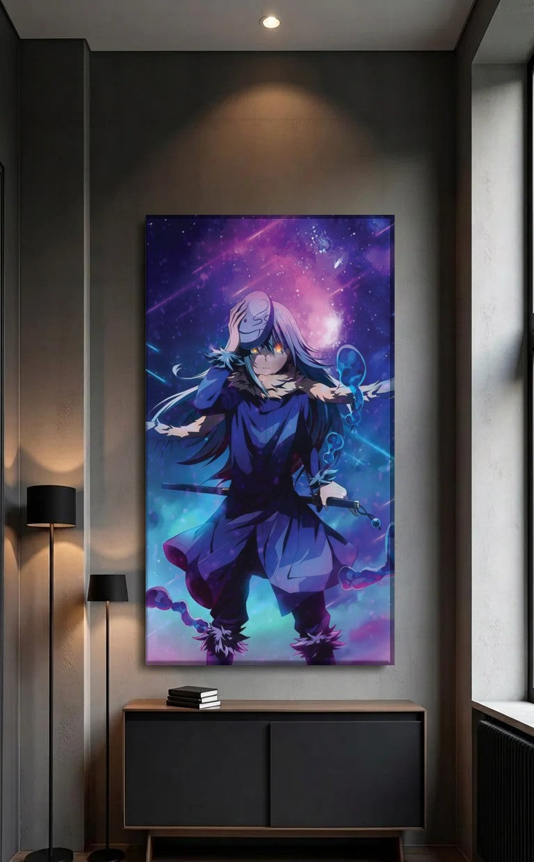 Anime Art acrylic wall art above a black console