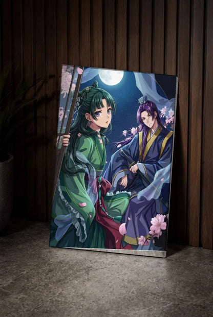 Anime Art acrylic wall art leaning on a wood slat wall