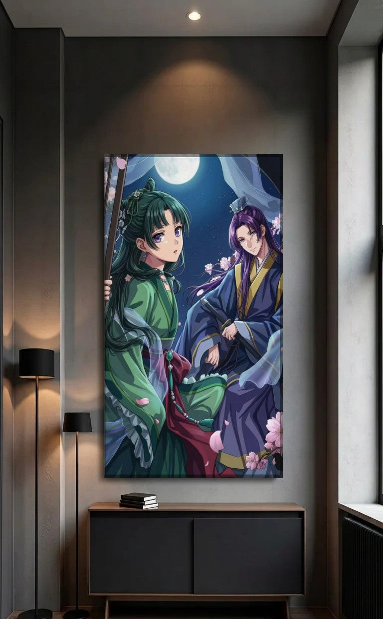 Anime Art acrylic wall art above a black console