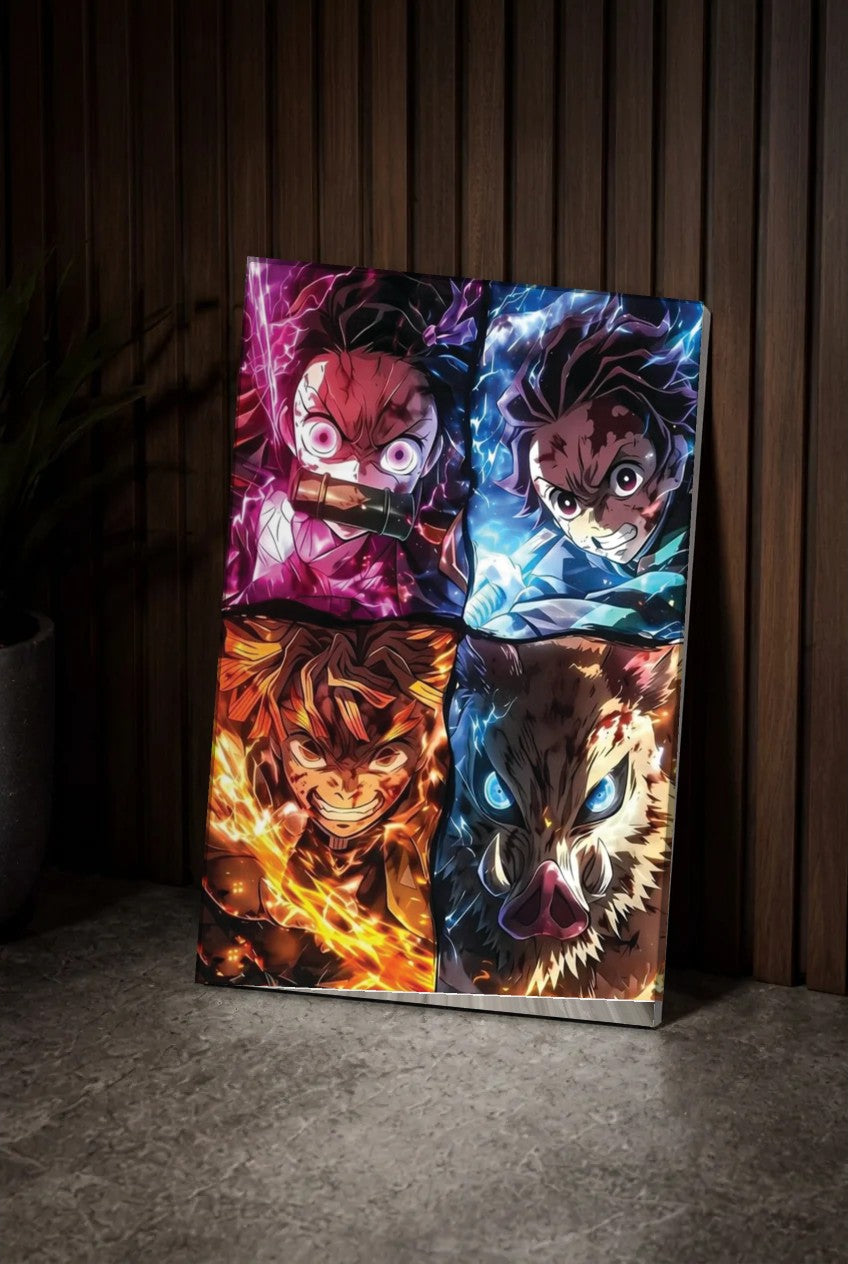 Anime Art acrylic wall art leaning on a wood slat wall