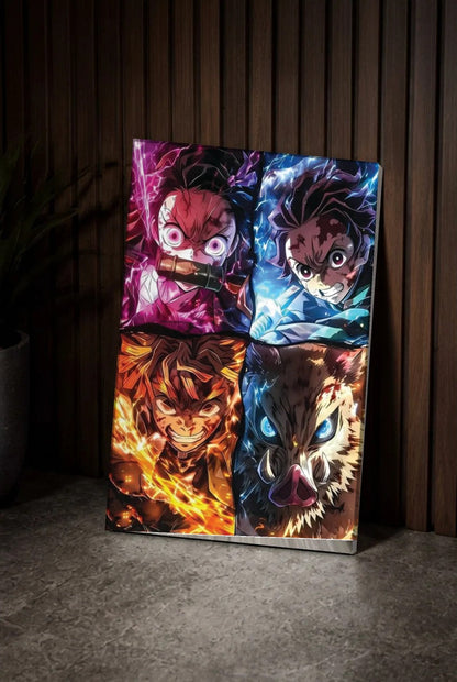 Anime Art acrylic wall art leaning on a wood slat wall