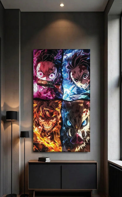 Anime Art acrylic wall art above a black console