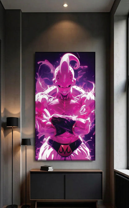 Anime Art acrylic wall art above a black console