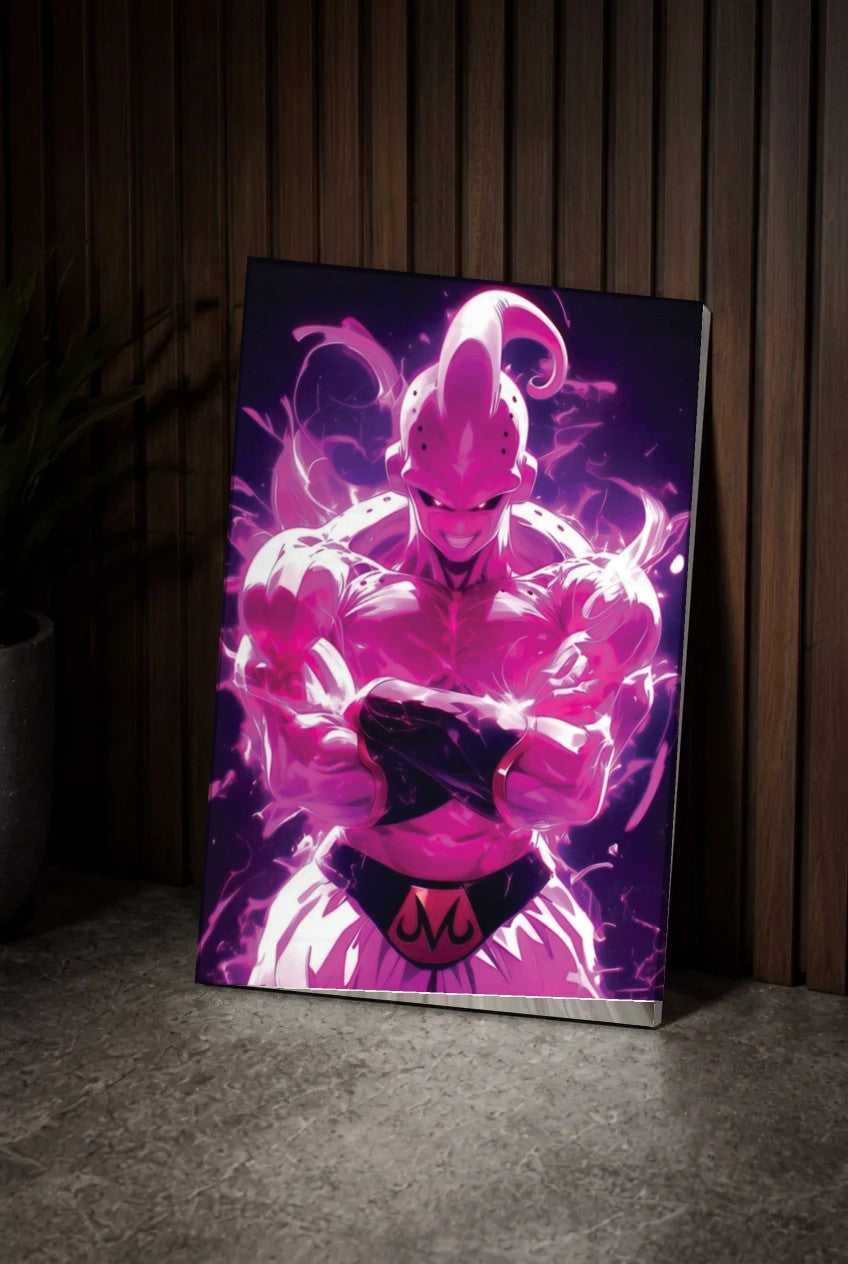Anime Art acrylic wall art leaning on a wood slat wall