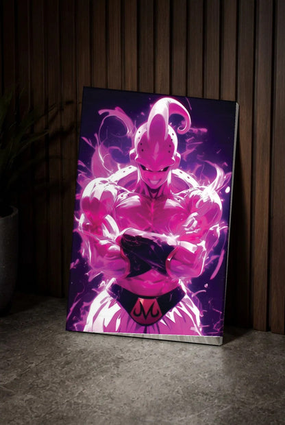Anime Art acrylic wall art leaning on a wood slat wall