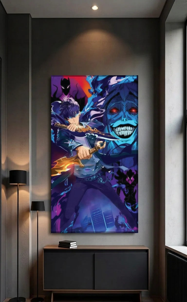 Anime Art acrylic wall art above a black console