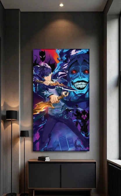 Anime Art acrylic wall art above a black console