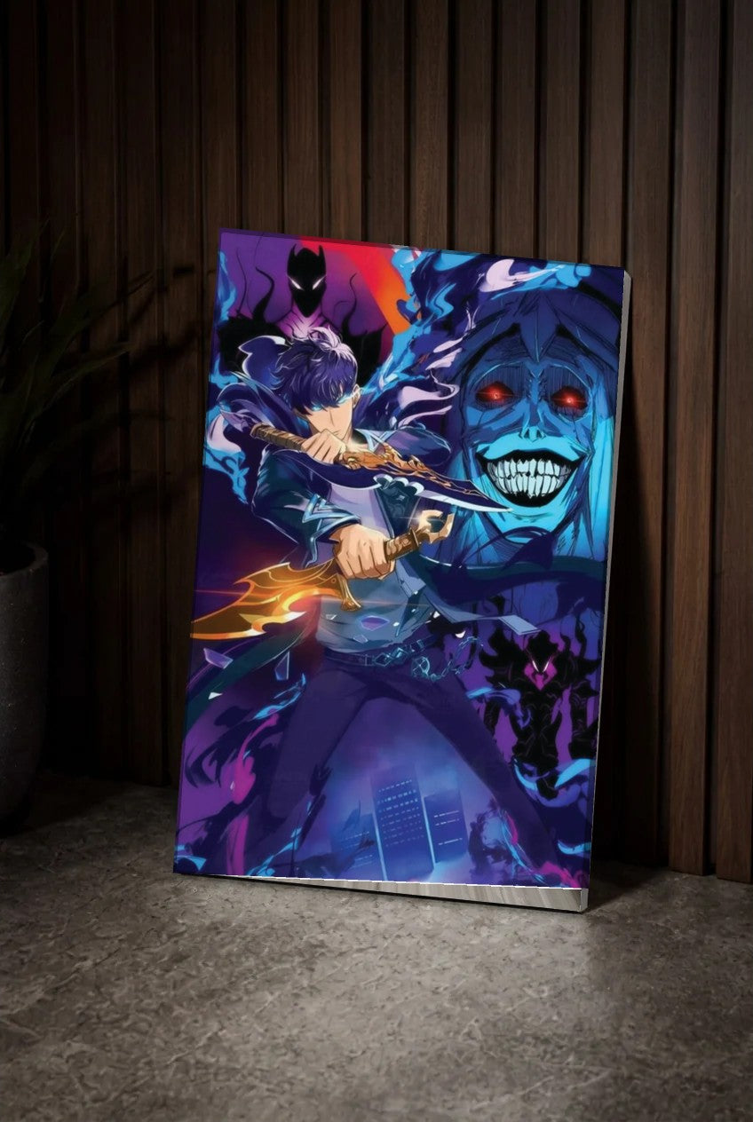 Anime Art acrylic wall art leaning on a wood slat wall