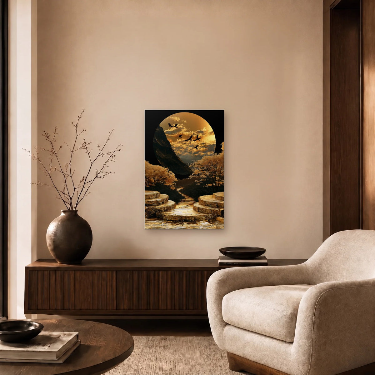 Nature Art glossy acrylic art above a wooden console