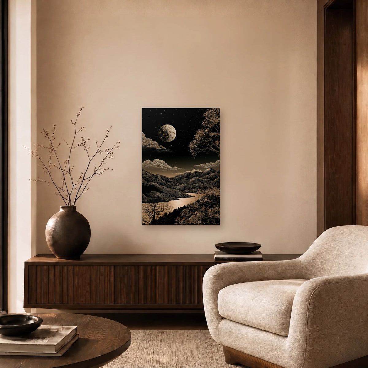 Nature Art glossy acrylic art above a wooden console