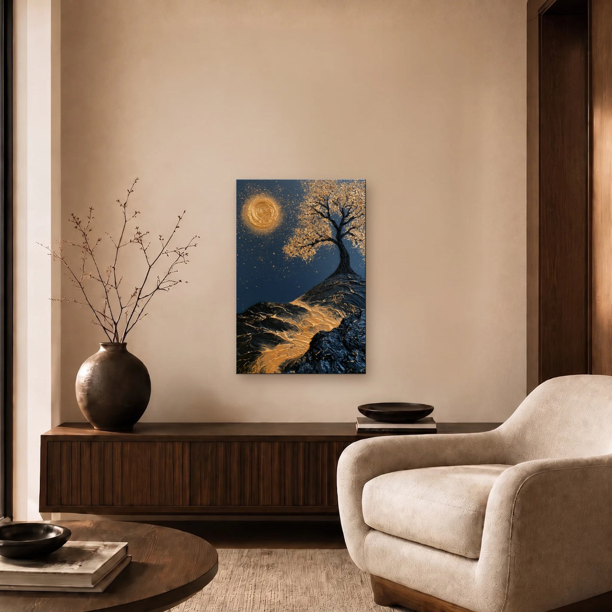 Nature Art glossy acrylic art above a wooden console