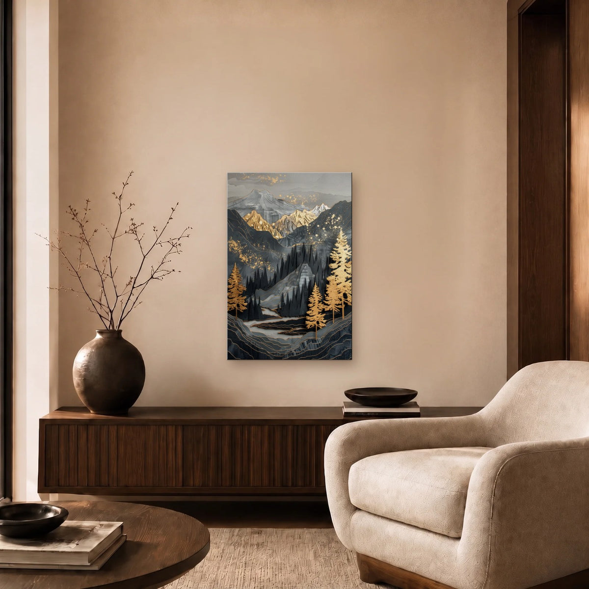 Nature Art glossy acrylic art above a wooden console