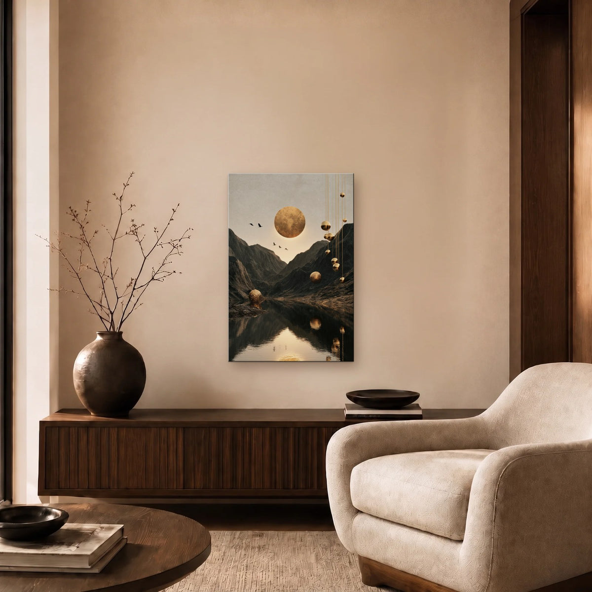 Nature Art glossy acrylic art above a wooden console
