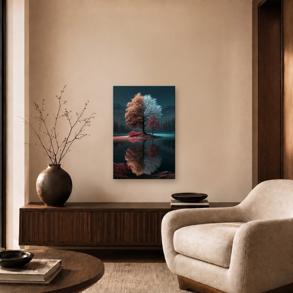 Nature Art glossy acrylic art above a wooden console