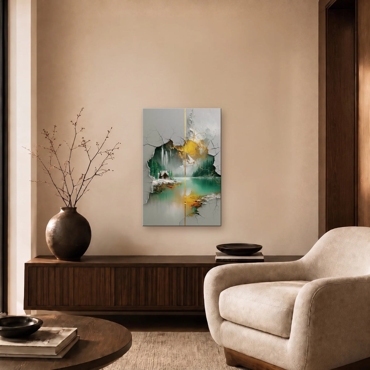 Nature Art glossy acrylic art above a wooden console