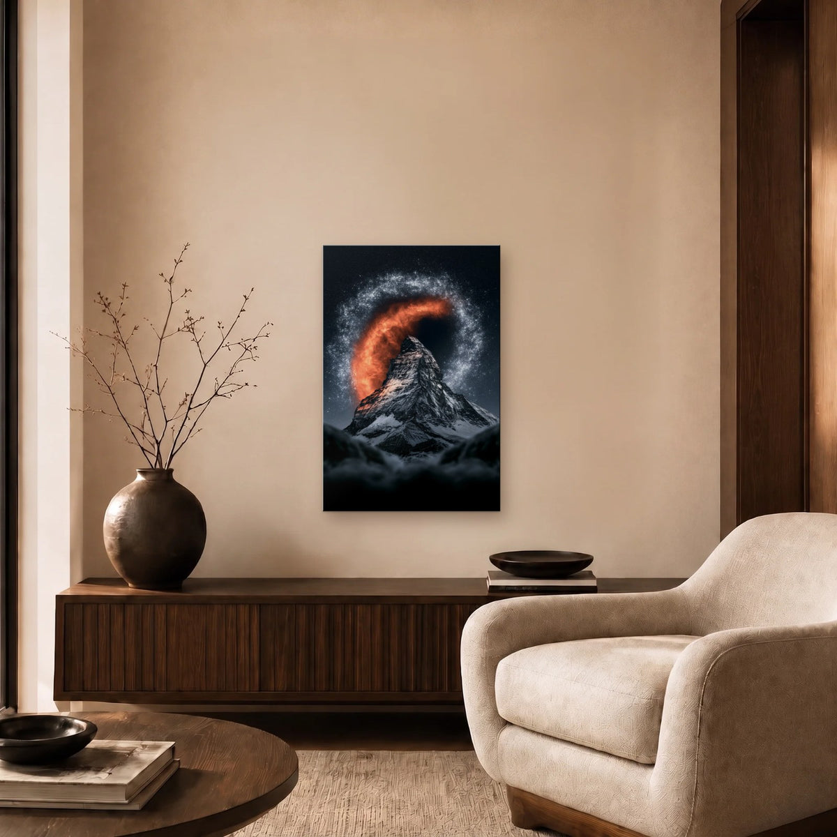 Nature Art glossy acrylic art above a wooden console
