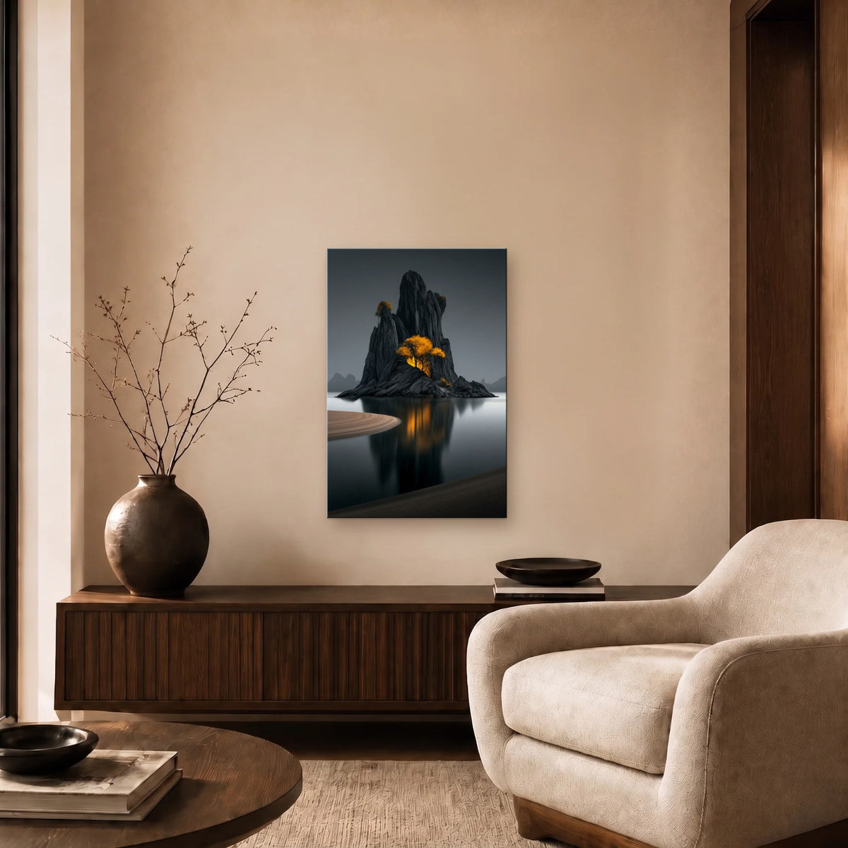 Nature Art glossy acrylic art above a wooden console