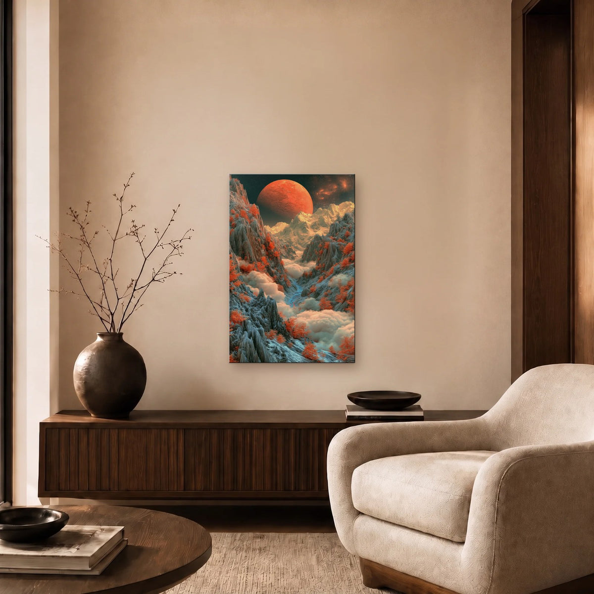 Nature Art glossy acrylic art above a wooden console