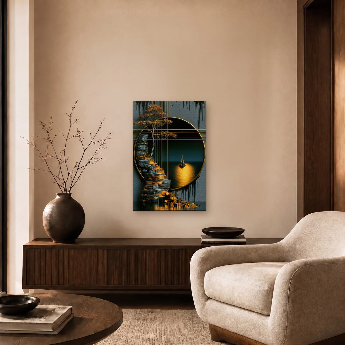 Nature Art glossy acrylic art above a wooden console