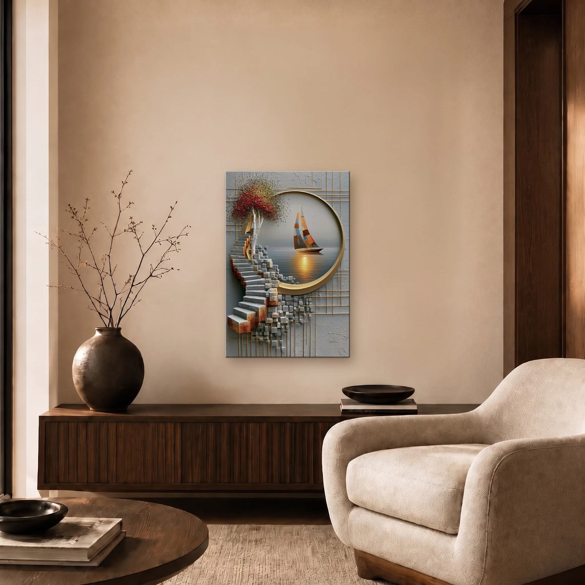 Nature Art glossy acrylic art above a wooden console
