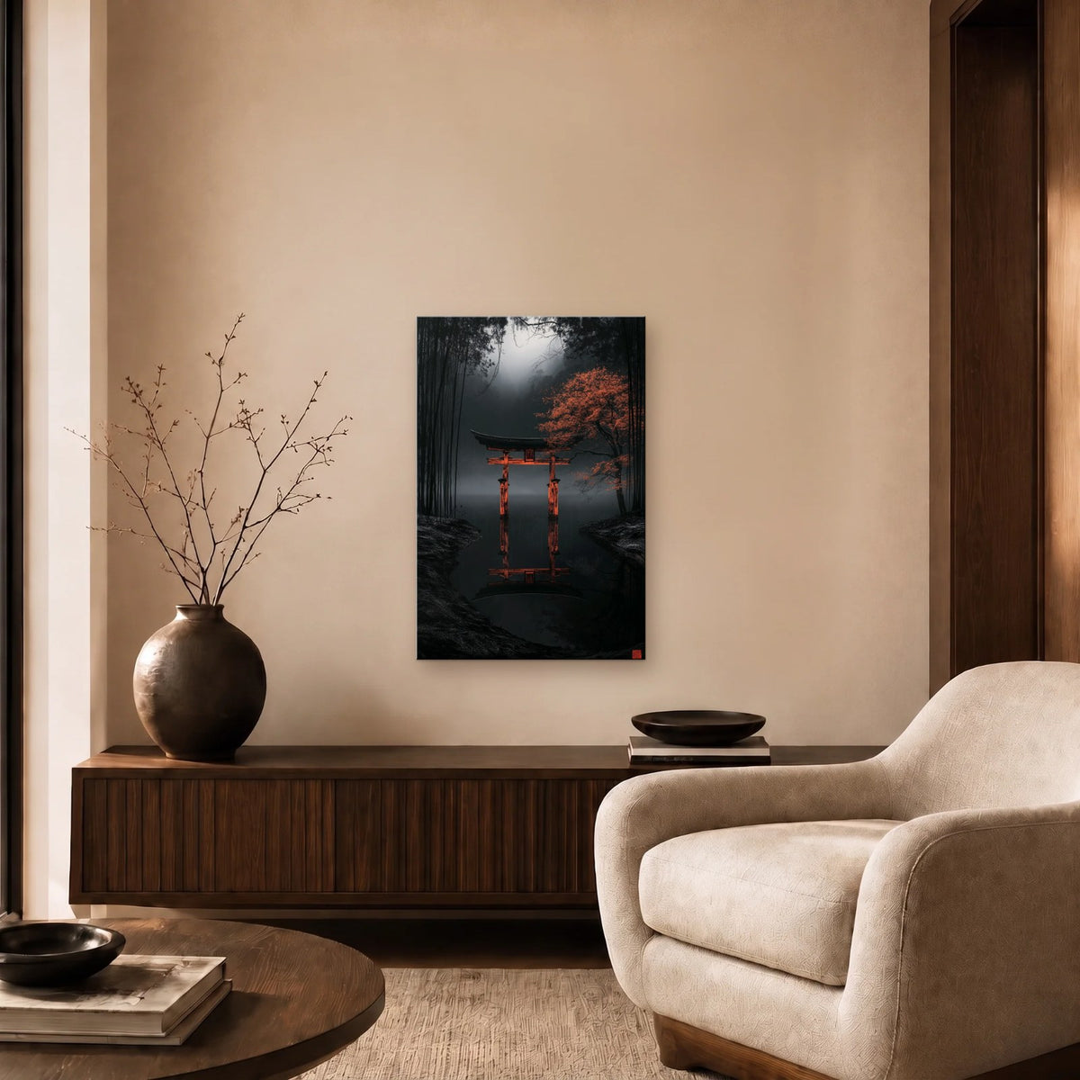Nature Art glossy acrylic art above a wooden console