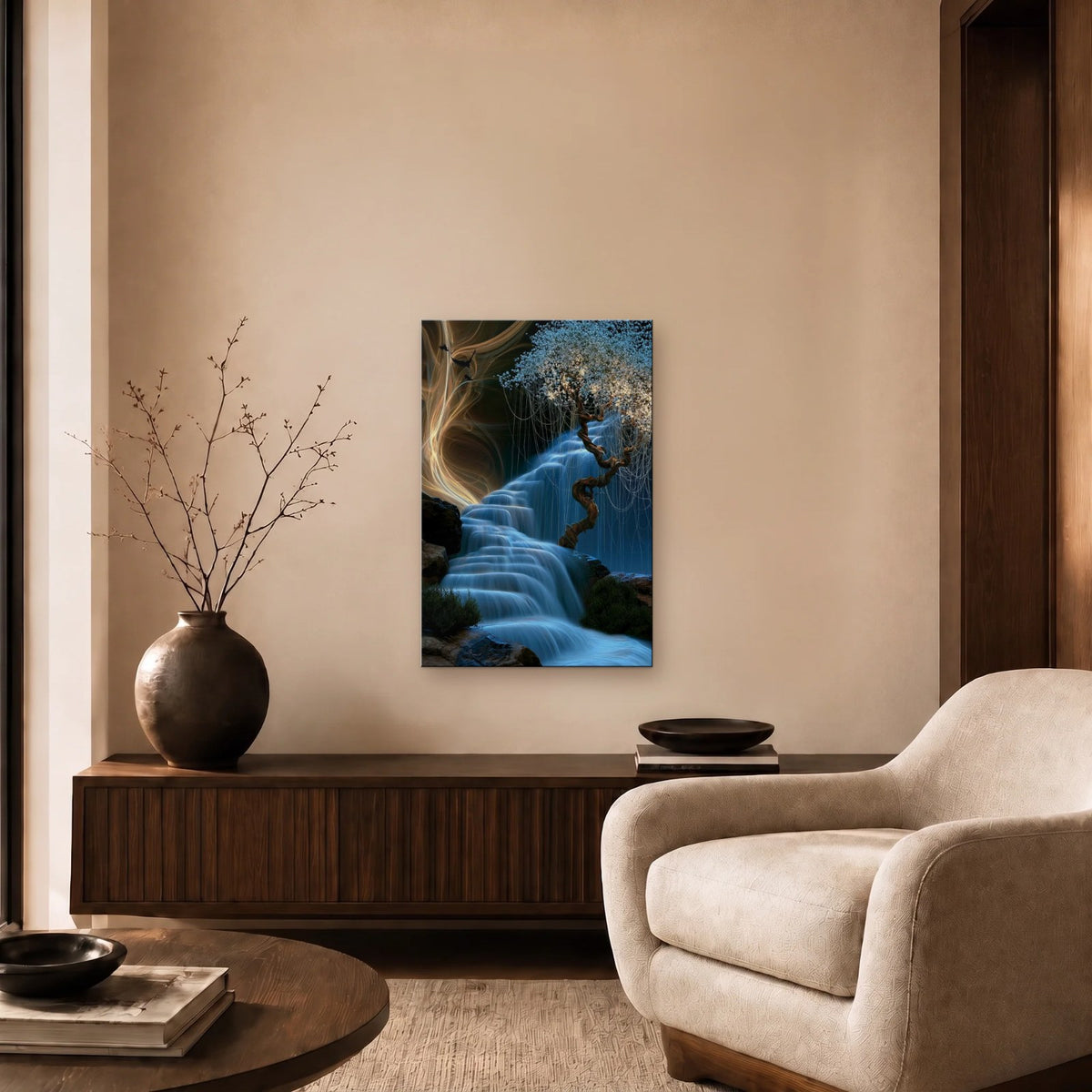 Nature Art glossy acrylic art above a wooden console