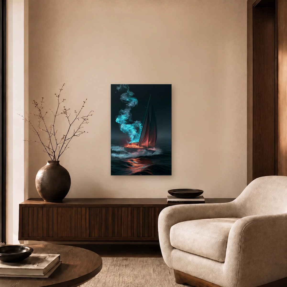 Nature Art glossy acrylic art above a wooden console