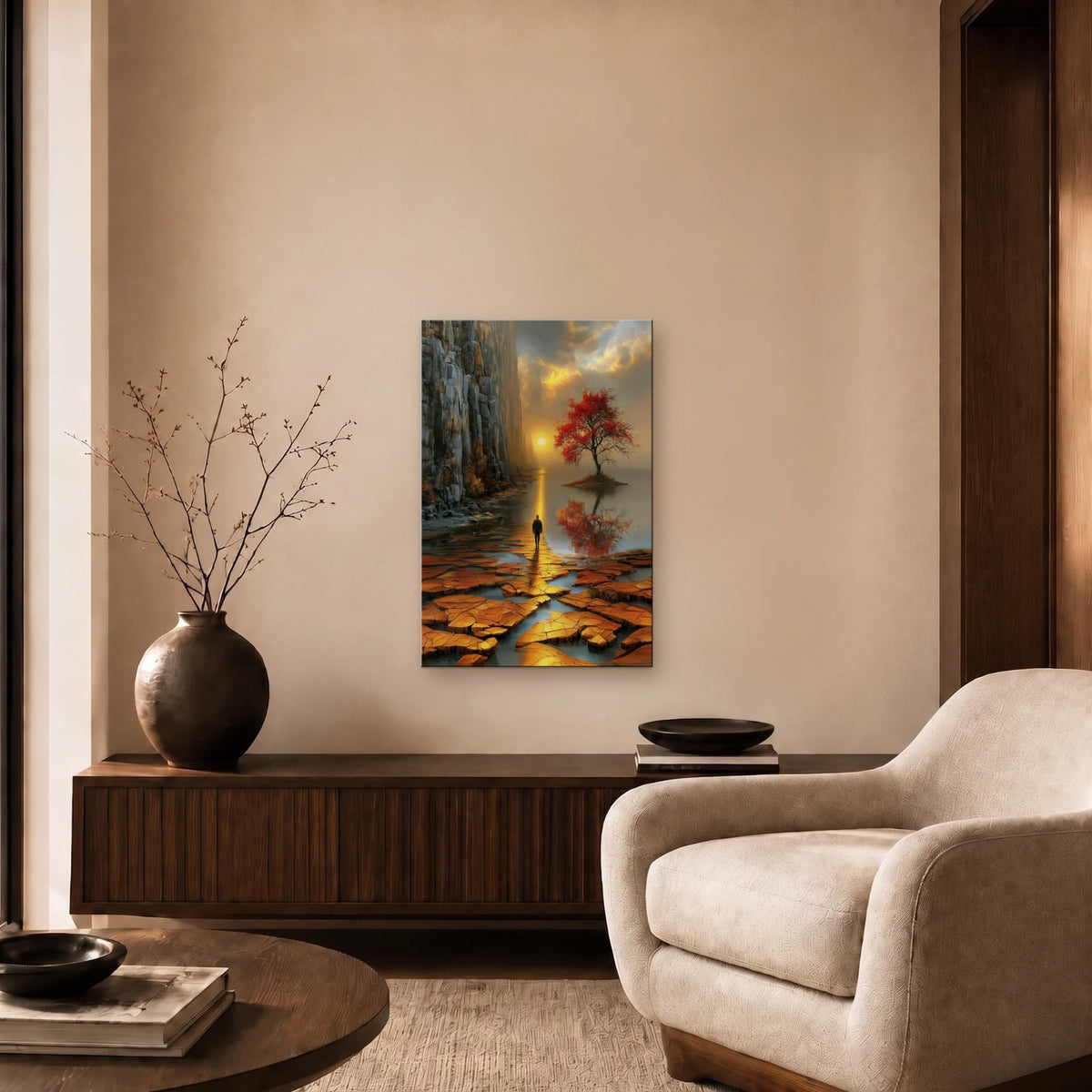 Nature Art glossy acrylic art above a wooden console