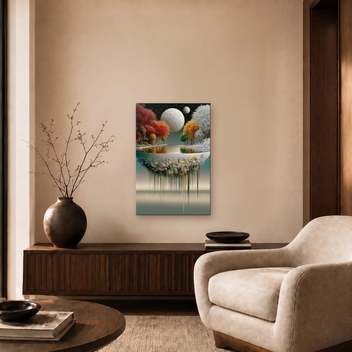 Nature Art glossy acrylic art above a wooden console