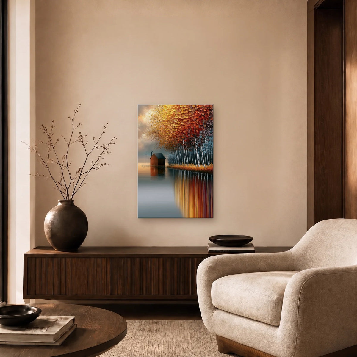 Nature Art glossy acrylic art above a wooden console