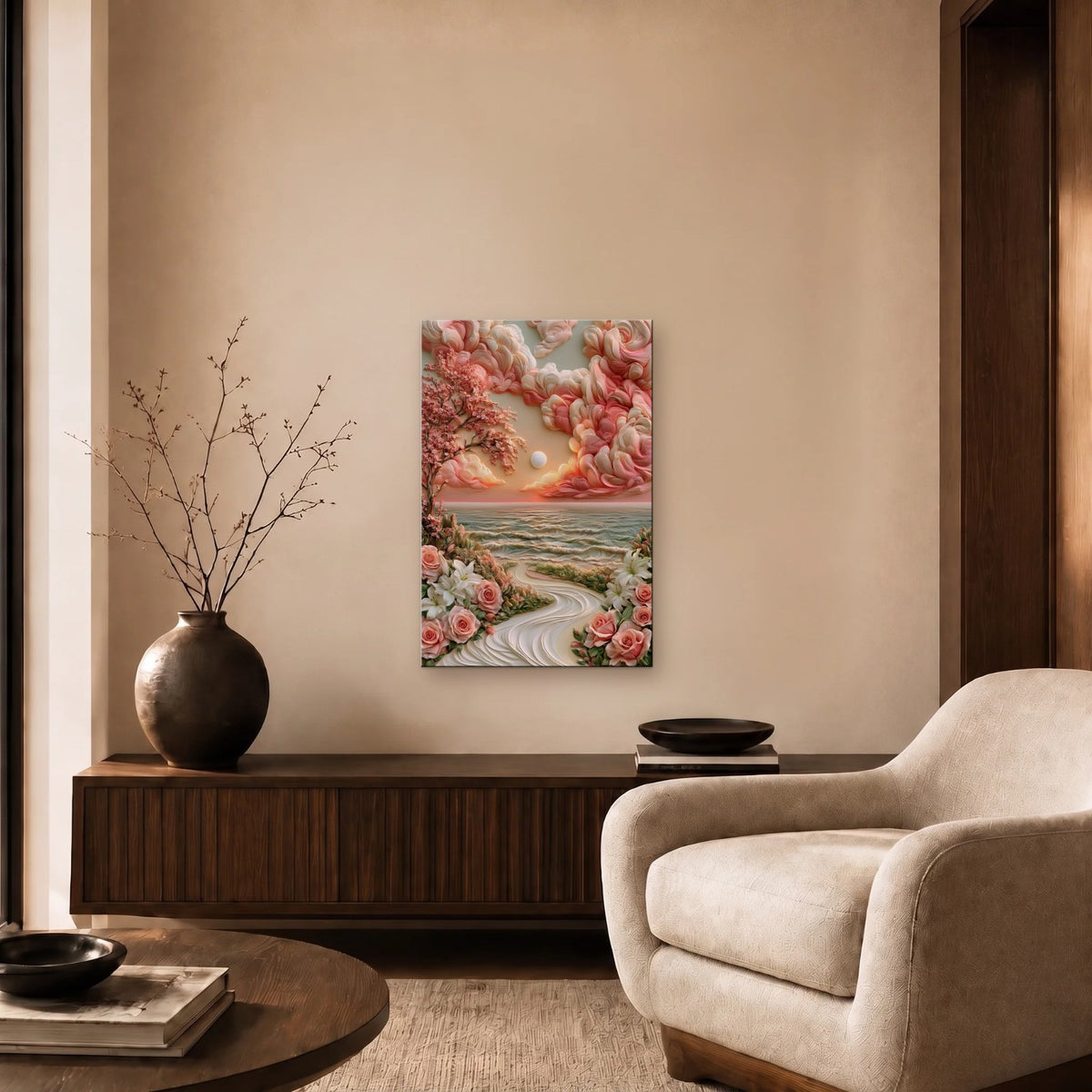 Nature Art glossy acrylic art above a wooden console