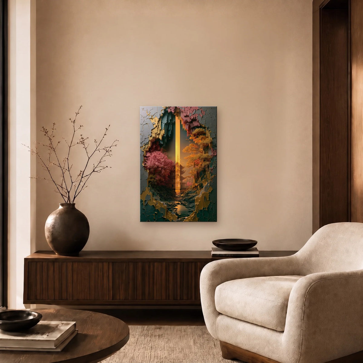 Nature Art glossy acrylic art above a wooden console