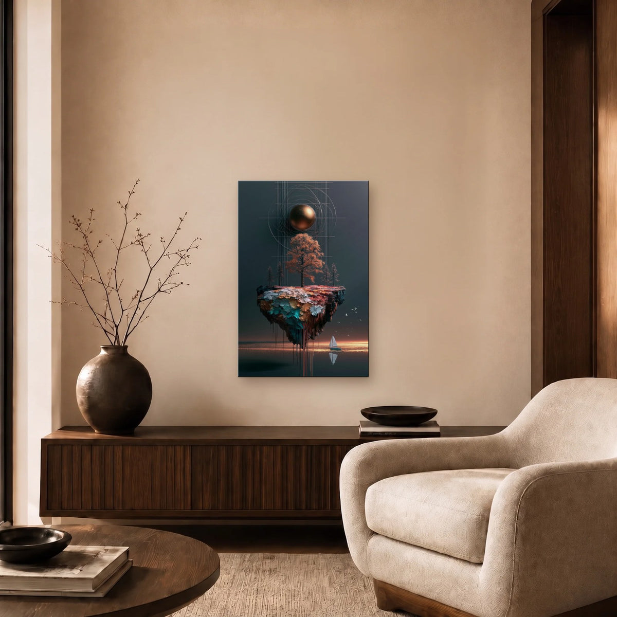Nature Art glossy acrylic art above a wooden console