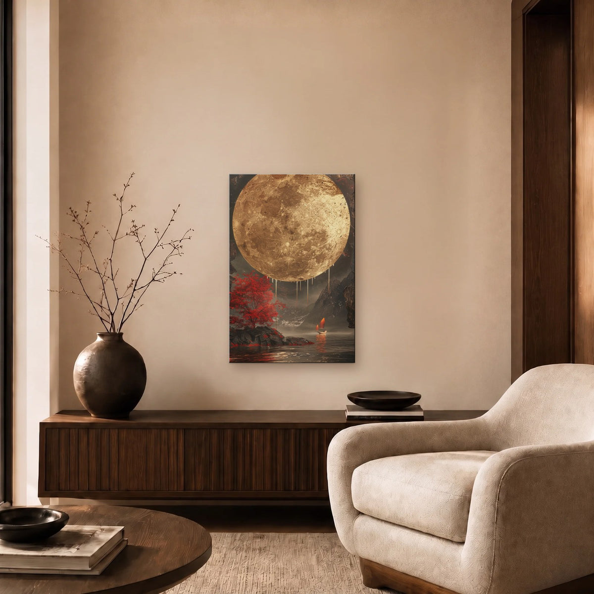 Nature Art glossy acrylic art above a wooden console