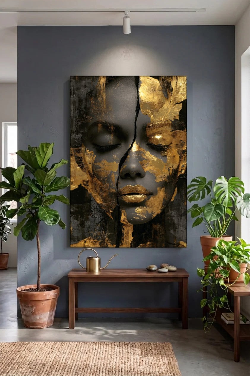Acrylic wall art above a wooden bench with plants