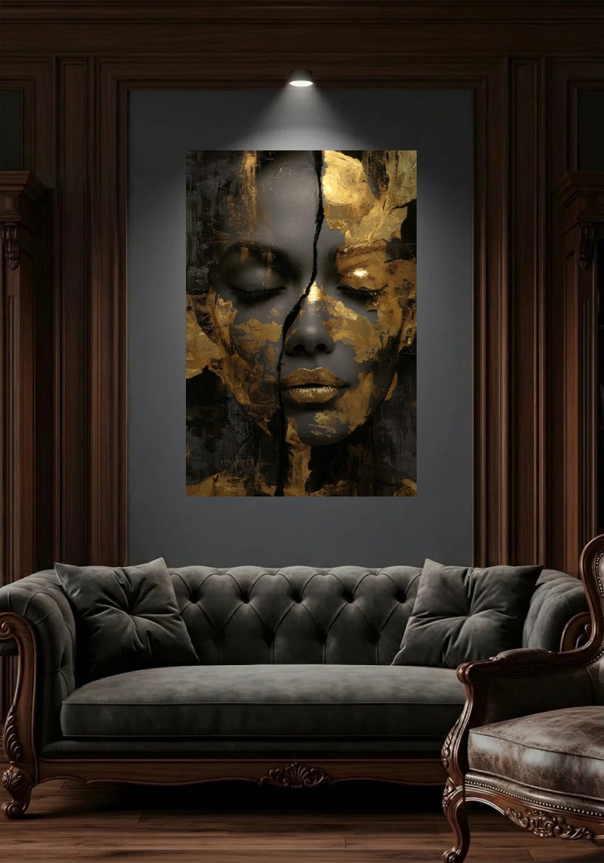 Acrylic wall art in a wood-panel lounge above a tufted sofa