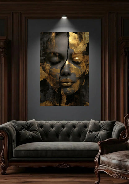 Acrylic wall art in a wood-panel lounge above a tufted sofa