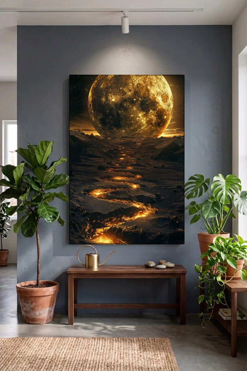 Acrylic wall art above a wooden bench with plants