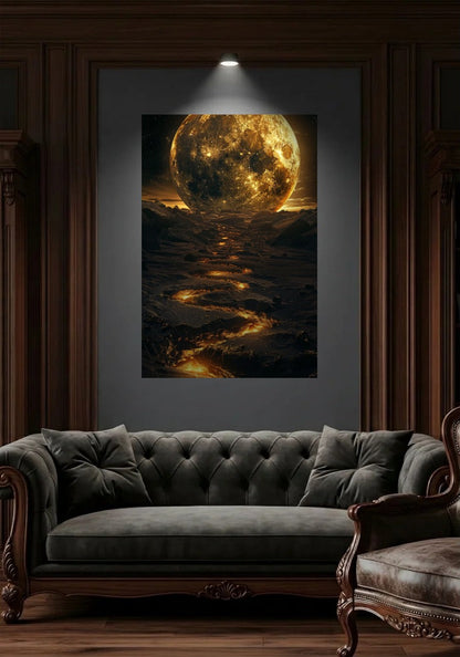 Acrylic wall art in a wood-panel lounge above a tufted sofa