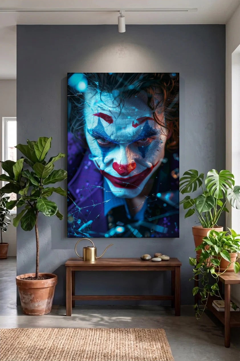 Acrylic wall art above a wooden bench with plants