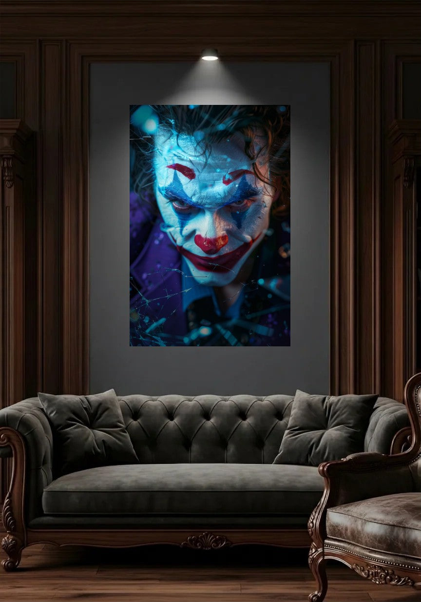 Acrylic wall art in a wood-panel lounge above a tufted sofa